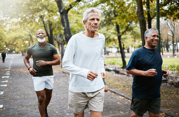 Run, group and senior men training, running and in street for health, wellness and fitness outdoor. Retirement, healthy males and friends running together, strong workout and exercise for cardio - Powered by Adobe