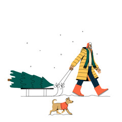 A man with a dog is carrying a Christmas tree on a sleigh.