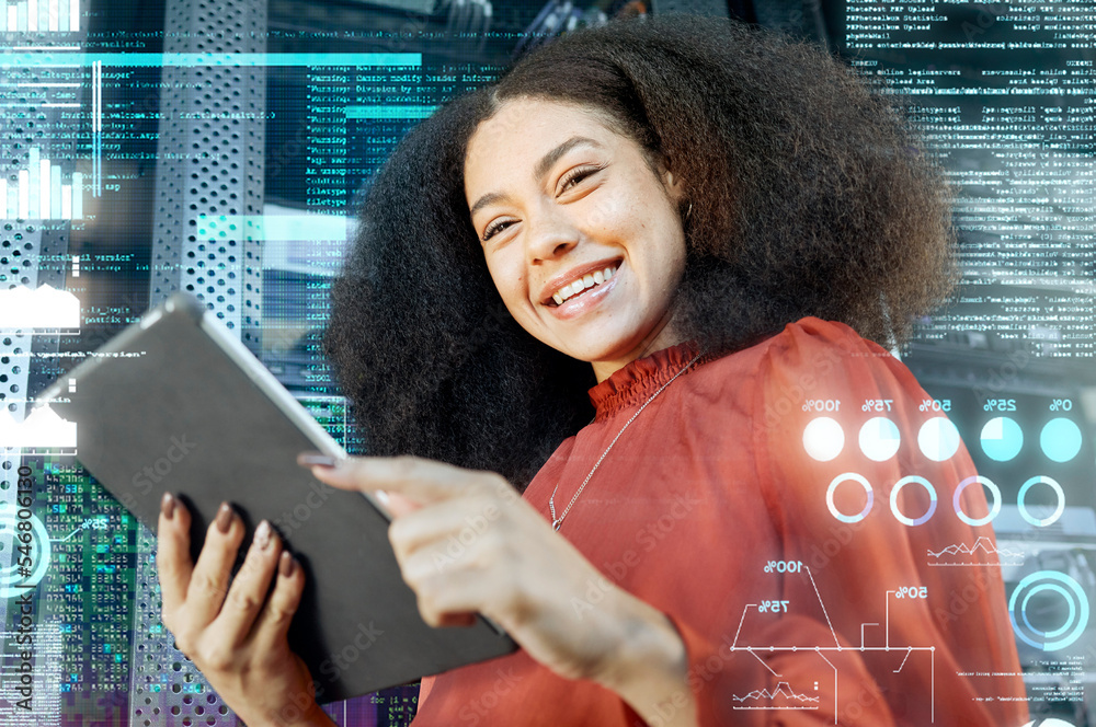 Aufkleber overlay, futuristic and business woman with tablet, for 3d, trading and analytics for fintech data o