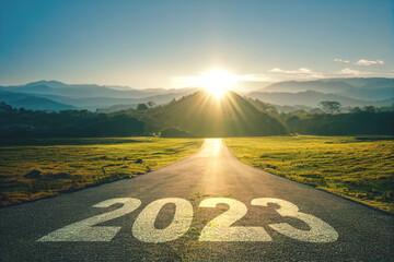 New year 2023, Concept photo written on the road in the middle of asphalt road at morning, A conceptual photo of the path leading to a bright future, 3d illustration.