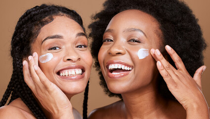 Black women, facial cream and skincare of friends or beauty model with face lotion and skin...