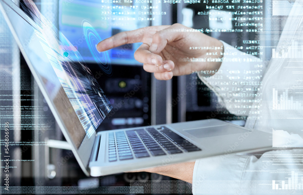 Aufkleber 3d, futuristic and cloud laptop hands of expert working on update with projection and overlay. Tech, digital and professional it employee busy with server cybersecurity and system maintenance.