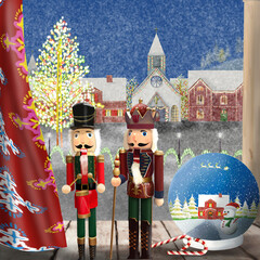 Nutcracker Christmas decorations and Glass ball sitting on a window with Christmas town background