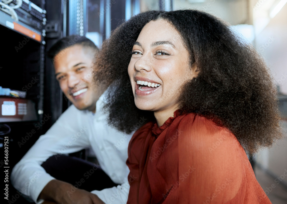 Leinwandbilder portrait, black woman and information technology, server and happy worker, funny conversation and te