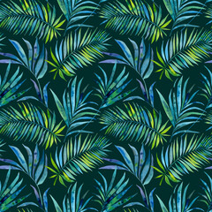 Fototapeta na wymiar Watercolour blue green tropical palm leaves illustration seamless pattern. On dark green background. Hand-painted. Floral elements, jungle leaves.