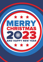Merry Christmas and Happy New Year 2023. Magic holiday poster with snowflake. Winter celebration event. Christmas party. Congratulation card. Festive design template. Vector illustration