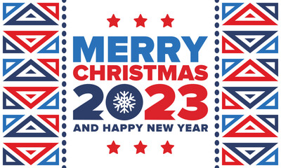 Fototapeta na wymiar Merry Christmas and Happy New Year 2023. Magic holiday poster with snowflake. Winter celebration event. Christmas party. Congratulation card. Festive design template. Vector illustration