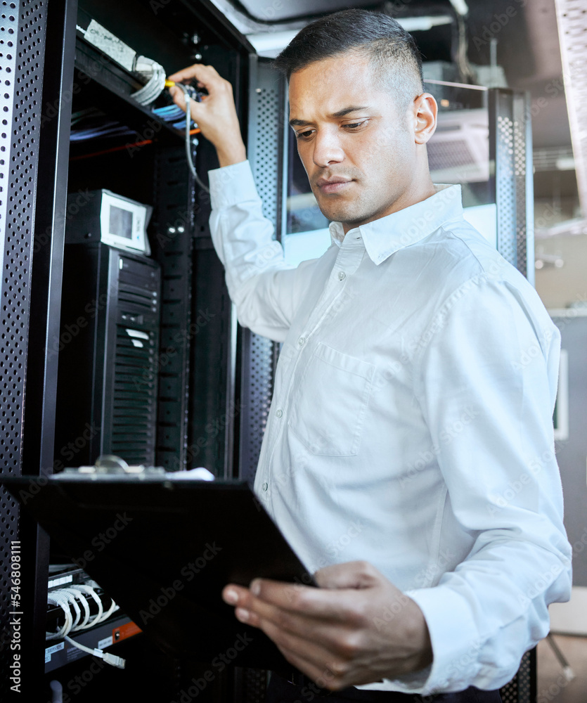 Fototapete Server room, database and IT support with a man programmer working on an information storage solution. Documents, cybersecurity and cloud computing with a male coder at work in a data center