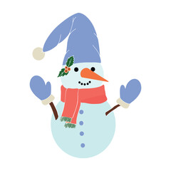 Cute Christmas snowman in a hat. Festive winter concept. Vector illustration isolated on white background. For printing on fabric, postcards, canvas.