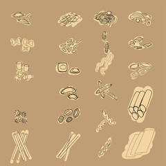 Italian pasta shapes hand drawn vintage