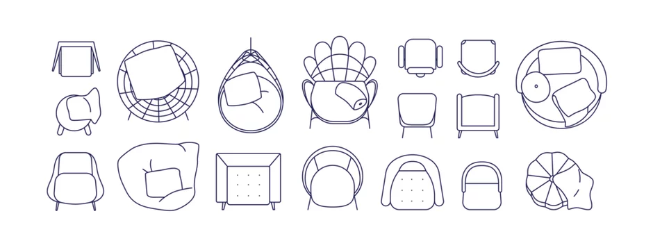 Armchairs designs, top view. Overhead chairs, seats for living room  interior layout. Modern lounge furniture, cushions. Outlined contoured flat  vector illustration isolated on white background Stock Vector | Adobe Stock