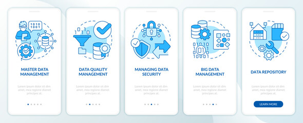 Fototapeta na wymiar Kinds of data governance blue onboarding mobile app screen. Walkthrough 5 steps editable graphic instructions with linear concepts. UI, UX, GUI template. Myriad Pro-Bold, Regular fonts used