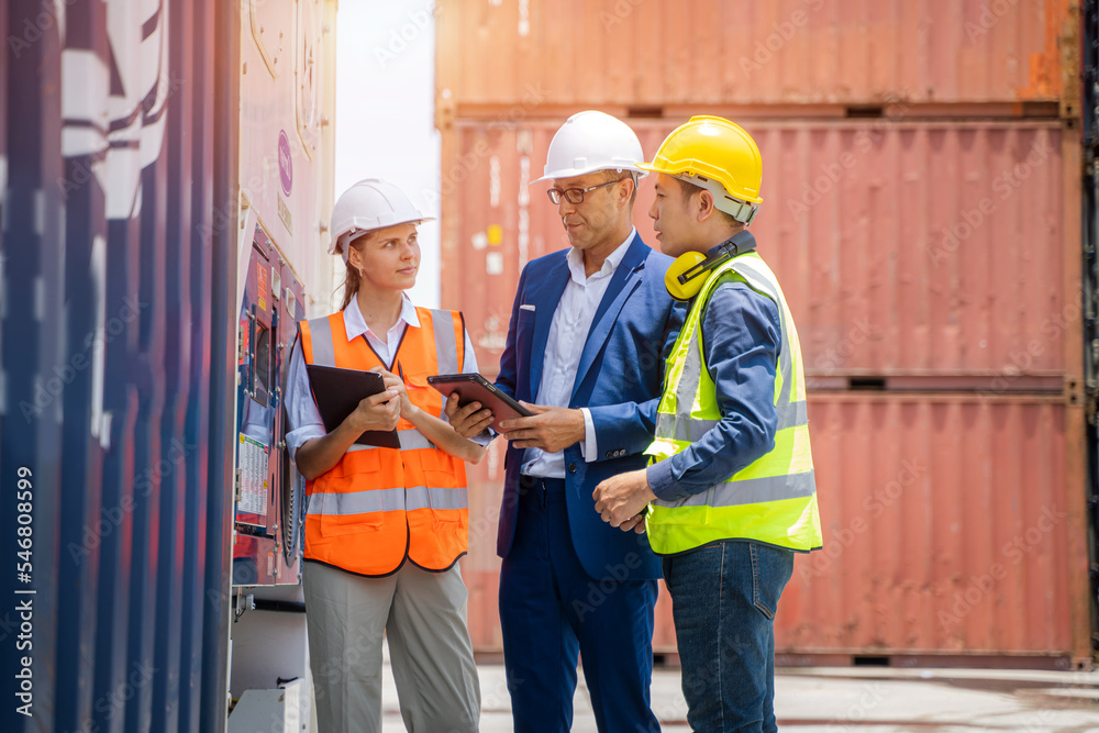 Poster Worker and businessman checking containers data for export and import,Container loading Cargo freight ship.