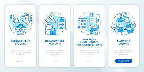 Data governance challenges blue onboarding mobile app screen. Walkthrough 4 steps editable graphic instructions with linear concepts. UI, UX, GUI template. Myriad Pro-Bold, Regular fonts used