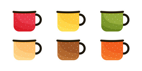 Set of multi-colored mugs. Vector stock illustration. Tea drinking. White background. Isolated