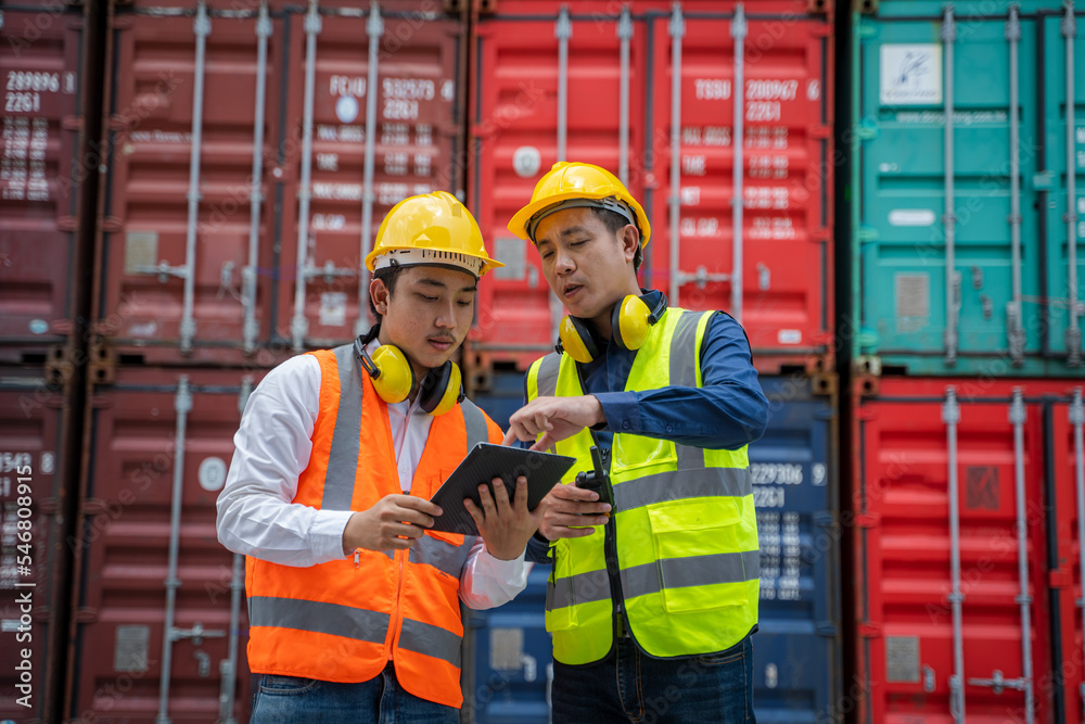 Poster Engineer working and checking a quality of containers box from cargo ship for export and import,Container Shipping Logistics Engineering concept.
