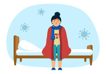 Sick woman suffering from flu with blanket. Female has fever and drinking hot tea. Cold or influenza disease concept. Season allergy.