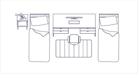 Bedroom and workplace, outlined interior floor plan, top view. Twin beds, computer desk, table and chair, overhead room layout. Contoured flat vector illustration isolated on white background