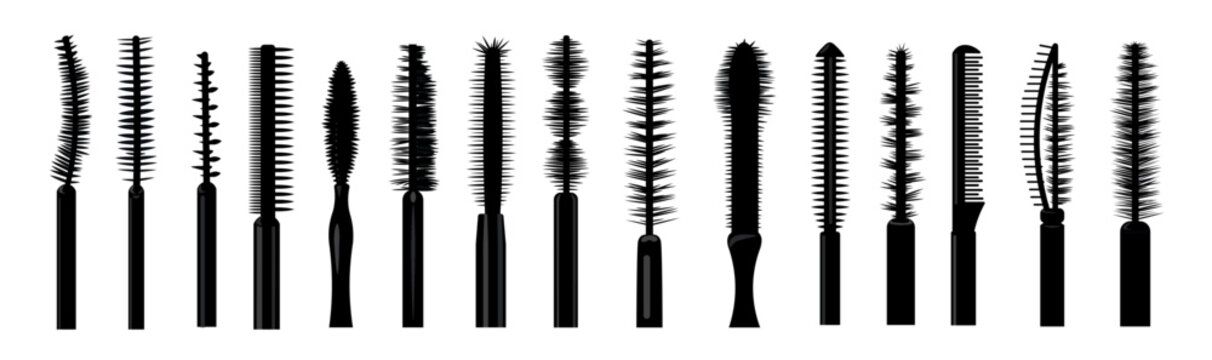 Set of different mascara brushes isolated on white