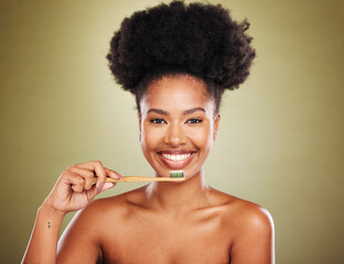 Dental, wood toothbrush or black woman with smile for teeth wellness, cleaning or eco friendly in studio background. Girl, happy portrait with bamboo brush, healthcare or teeth whitening product