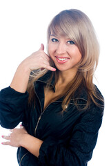Naklejka premium Pretty woman with Call me gesture
