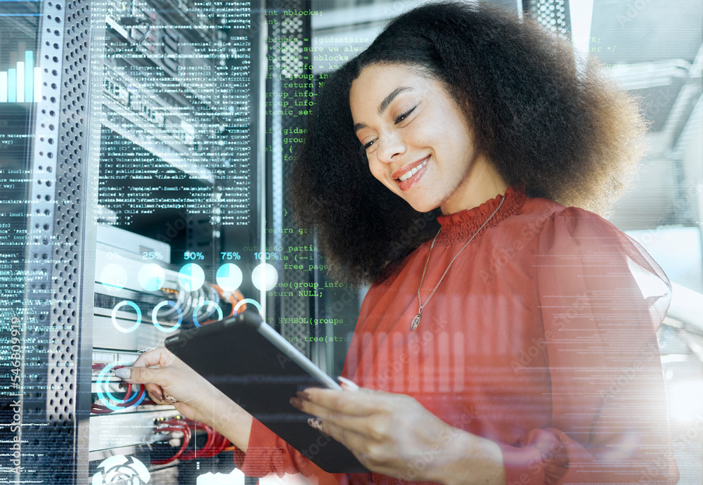 Aufkleber Black woman, tablet and server check internet connection, cyber security or coding programming information. IT specialist, female programmer and lady work on cloud computing, system admin and online.