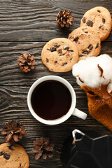 Concept of Hygge, warm and cozy composition, top view