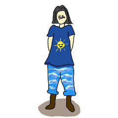 standing girl with Hello writing on her face