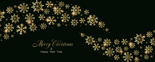Merry Christmas and Happy New Year greeting card design with golden stars and snowflakes decorated on Christmas background for banner, poster or cards. Beautiful Christmas background.