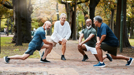 Senior, man group and stretching at outdoor together for elderly fitness or urban wellness for happiness. Happy retirement, friends workout or exercise club in diversity, teamwork or health lunges