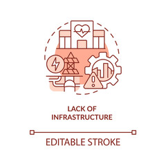 Lack of infrastructure red concept icon. Emergence of inclusive economy growth abstract idea thin line illustration. Isolated outline drawing. Editable stroke. Arial, Myriad Pro-Bold fonts used