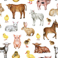 Farm animals seamless pattern. Watercolor illustration. Hand drawn bunny, pig, cow, chicks, donkey, goat domestic animals on white background. Cute farm babies seamless pattern element