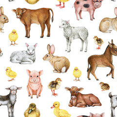Obraz premium Farm animals seamless pattern. Watercolor illustration. Hand drawn bunny, pig, cow, chicks, donkey, goat domestic animals on white background. Cute farm babies seamless pattern element