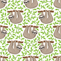 Seamless pattern with cute animal sloth on a branch and leaves on a white background. © Lenan