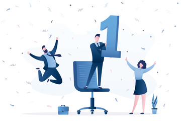 Group of employees celebrating, worker man standing on office chair and with number one. First place, best employees of month. Achievements in business.