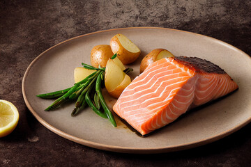 Fresh cooked delicious salmon steak with salad , lemon ,potato