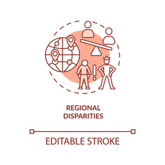 Regional disparities red concept icon. Social equality. Inclusive economy challenge abstract idea thin line illustration. Isolated outline drawing. Editable stroke. Arial, Myriad Pro-Bold fonts used