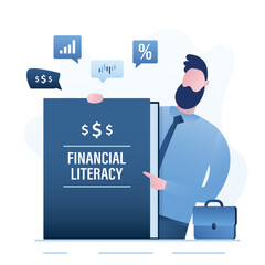 Businessman holds textbook - financial literacy. Influencer advertises courses in trading or economic literacy. Writer or successful trader presents new book on finance and investment.