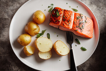 Fresh cooked delicious salmon steak with salad , lemon ,potato