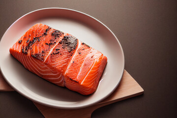 Fresh cooked delicious salmon steak with salad , lemon ,potato