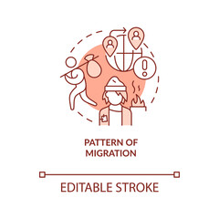 Pattern of migration red concept icon. Key reason of contemporary slavery abstract idea thin line illustration. Isolated outline drawing. Editable stroke. Arial, Myriad Pro-Bold fonts used