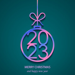Blue and pink Christmas tree decoration 2023 on blue-green background. Merry Christmas and Happy New Year 2023. Christmas ball decoration vector illustration