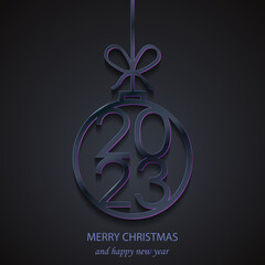Dark-blue Christmas tree decoration 2023 on black background. Merry Christmas and Happy New Year 2023. Christmas ball decoration vector illustration