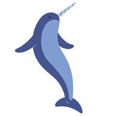 Cute blue narwhal character, funny ocean animal with horn, sea unicorn, flat vector illustration isolated on white background © Favebrush