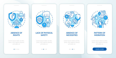 Fototapeta na wymiar Key drivers of modern slavery blue onboarding mobile app screen. Walkthrough 4 steps editable graphic instructions with linear concepts. UI, UX, GUI template. Myriad Pro-Bold, Regular fonts used
