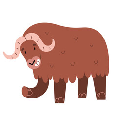 Cute musk-ox character, adorable wild northern muskox bull with huge horns standing and smiling, cute children illustration, flat vector isolated on white background