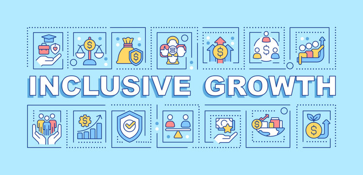 Inclusive growth word concepts blue banner. Sustainable development. Infographics with editable icons on color background. Isolated typography. Vector illustration with text. Arial-Black font used