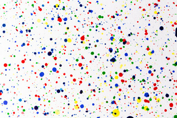 Paint splatters on bright material. Watercolor on white paper.
