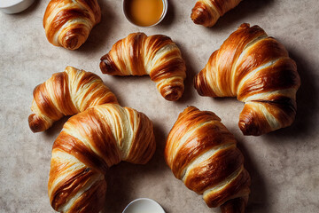 Flat lay :Fresh baked croissants , Warm Fresh Buttery Croissants and Rolls.