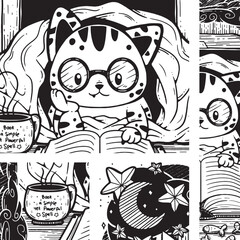 Cozy Cat in A Blanket with Book Seamless Surface Pattern Design